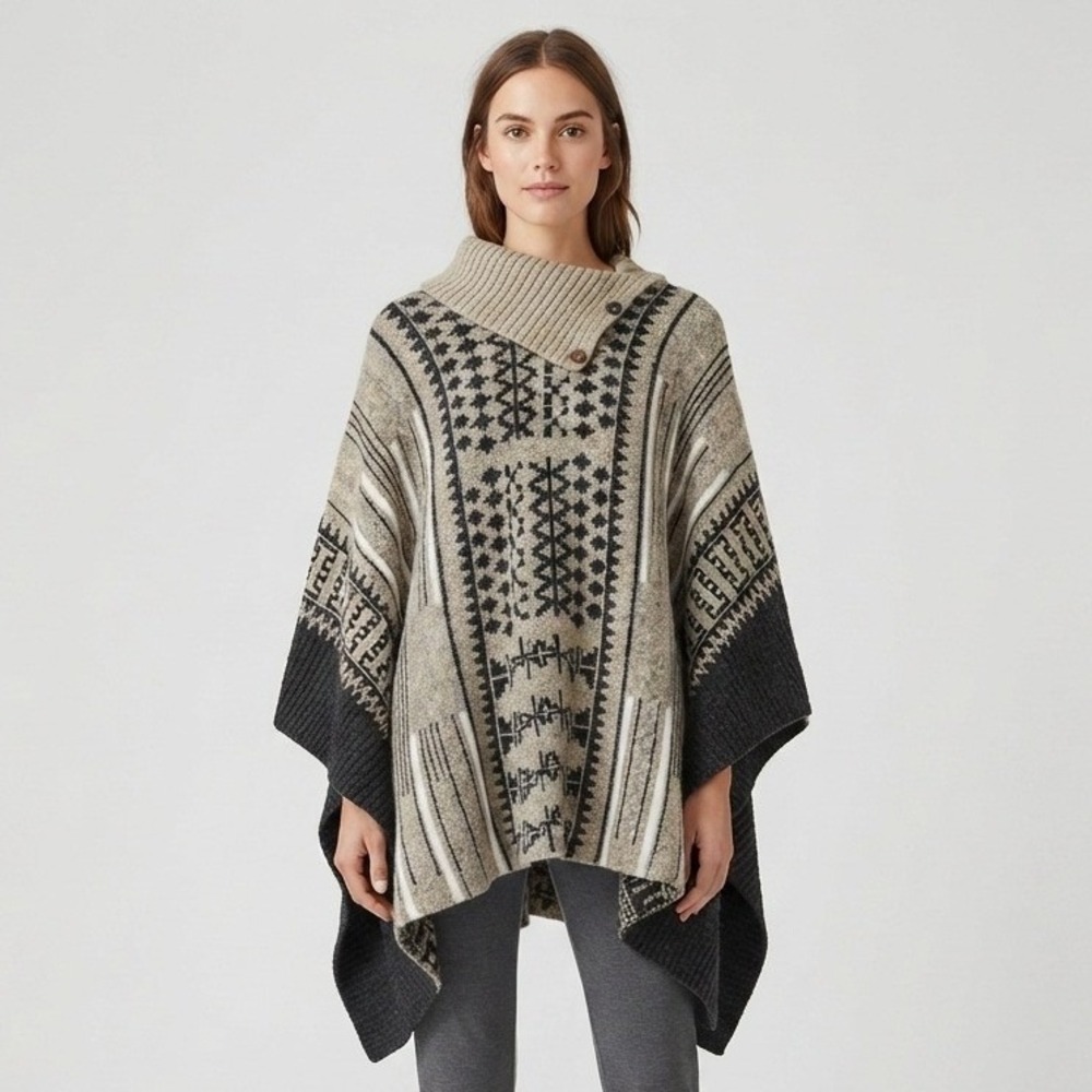 Yaira Geometric Fair Isle Knit Poncho Sweater Grey Black Turtleneck One Size